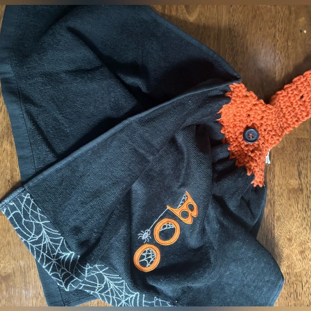 Hand crocheted Halloween black towel with “Boo” embroidery
